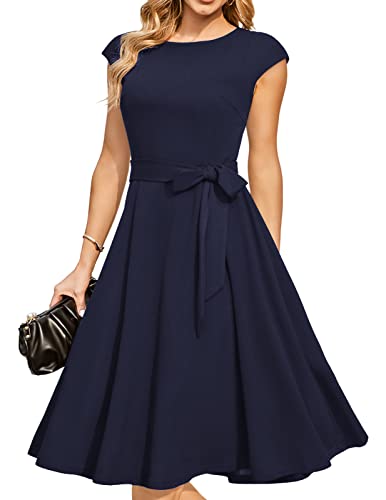 DRESSTELLS Women's Cocktail Dress for Wedding Guest Bridesmaid Prom 2024, Formal Flare Vintage Hepburn Party Dresses, Modest Funeral Dress Navy XL