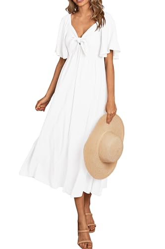 PRETTYGARDEN Summer Dress for Women 2024 Casual Short Sleeve Bow Tie V Neck Ruffle Midi Flowy Dresses (White,Large)