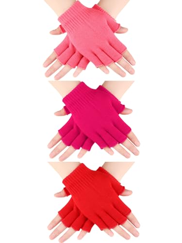 SATINIOR 3 Pairs Women Fingerless Gloves Winter Half Finger Knit Gloves for Women Men (Red, Rose Red, Pink)
