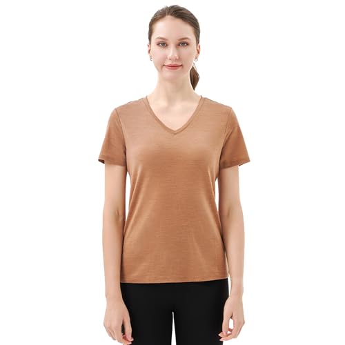 Merino Protect 100% Merino Wool V Neck T-Shirt for Women Short Sleeve Base Layers Odor Resistance Tops for Outdoor Hiking Caramel