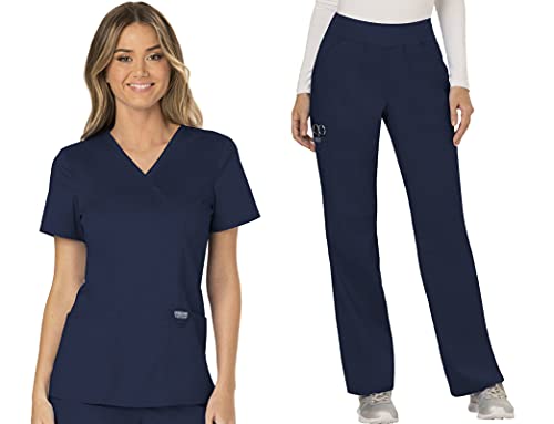 Cherokee Scrub Set For Women, Modern Classic Fit Mock Wrap Top WW610 With Mid Rise, Straight Leg Pant WW110, Navy- S Top/S Pant