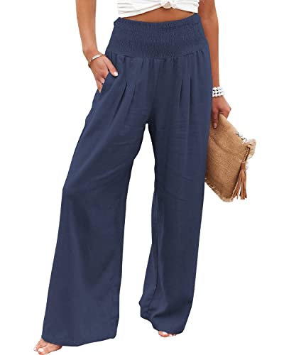 Vansha Women Summer High Waisted Cotton Linen Palazzo Pants Wide Leg Long Lounge Pant Trousers with Pocket Navy M