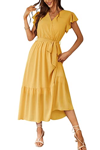 PRETTYGARDEN Women's 2024 Floral Boho Dress Wrap V Neck Short Sleeve Belted Ruffle Hem A-Line Flowy Maxi Dresses (Solid Yellow,Small)