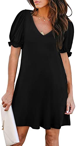 Aloodor Dresses for Women 2024 V Neck Puff Sleeve Summer Dress Ladies Black L