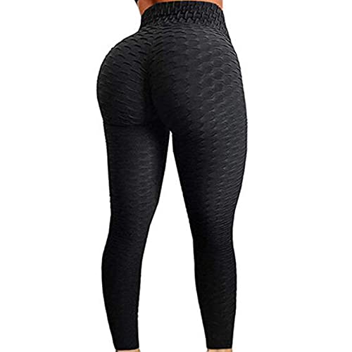 FITTOO Womens High Waist Textured Workout Leggings Booty Scrunch Yoga Pants Slimming Ruched Tights Black L