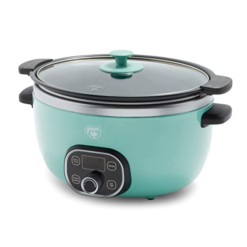 GreenLife Cook Duo Healthy Ceramic Nonstick Programmable 6 Quart Family-Sized Slow Cooker, PFAS-Free, Removable Lid and Pot, Digital Timer, Dishwasher Safe Parts, Turquoise