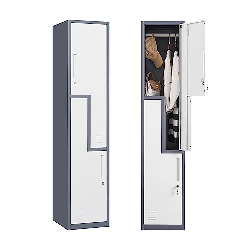 MIIIKO Metal Locker for Employees with Hanging Rod, Office Storage Locker with Keys, 71' Tall Steel Locker L-Shaped, Lockable 2-Section Coat Locker with Two Doors for Gym, School Locker Room