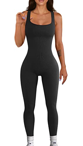 OQQ Women's Yoga Ribbed One Piece Tank Tops Rompers Sleeveless Exercise Jumpsuits Black