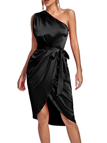 LYANER Women's Satin One Shoulder Ruched Sleeveless Split Wrap Hem Belted Short Dress Black Small