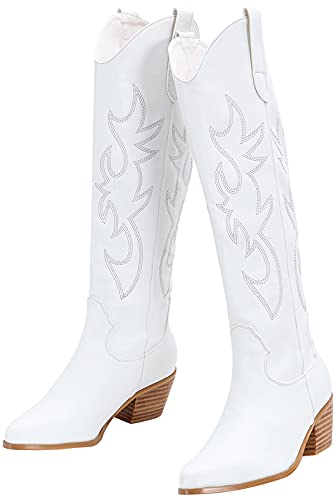 Cowboy Boots for Women Knee High Wide Calf Cowgirl Boots Embroidered Chunky Heels Pointed Toe Long Tall Western Boot Pull On (White, Size 8)