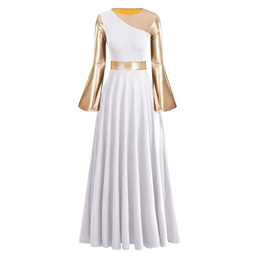 IBAKOM Women Adult Metallic Gold Color Block Long Sleeve Praise Dance Worship Robe Dress Loose Fit Full Length Liturgical Tunic Circle Skirt Lyrical Dancewear Swing Gowns Ballet Costume White-Gold M