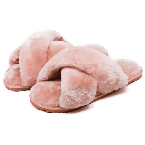 Crazy Lady Women's Fuzzy Fluffy House Slippers Cute Plush Memory Foam Shoes Cross Band Indoor Outdoor Open Toe Sandals(06/Pink, 7-8)