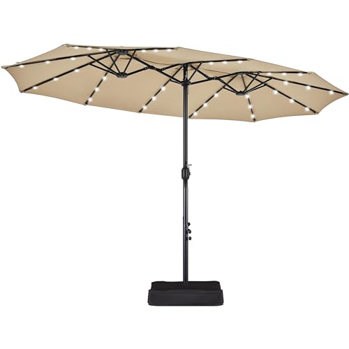 Yaheetech 13 ft Large Patio Umbrella with Solar Lights Double-Sided Outdoor Rectangle Market Umbrellas with 36 LED Lights/Base Included/Crank for Patio Garden Yard Pool, Tan