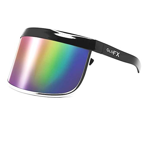 GloFX Visor Sunglasses - Rainbow Mirror Lens - Oversized Futuristic Shield Sunglasses - Perfect for EDM Raves, Music Festivals, Performance Art, Fashion