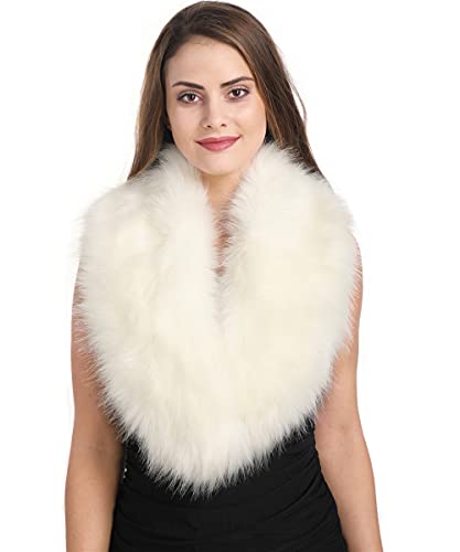 Lucky Leaf Women Winter Faux Fur Ornate Scarf Wrap Collar Shrug for Cocktail Reception Party (White, 100cm)