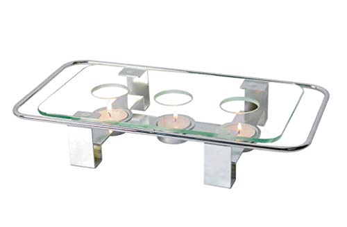 NewlineNY Chrome Plated Glass Dish Warmer, Rectangular Glass-Top 3 Holes Tea Light Votive Candle Gourmet Food Warmer