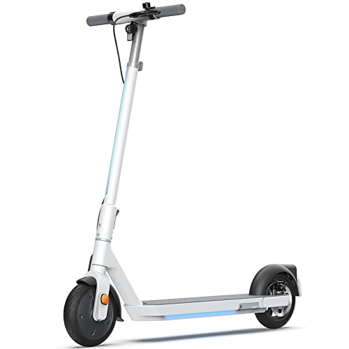 OKAI Neon Electric Scooter - Up to 15.5 MPH, 25 Miles Range Electric Scooter for Adults, 9' Tires Lightweight Commuter Scooter with Ambient Light, Rear Suspension, UL Tested, White