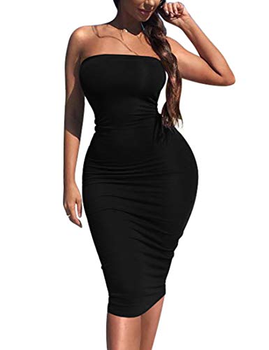 Kaximil Women's Sexy Bodycon Strapless Midi Club Tube Dress Basic Casual Dresses,Large,Black