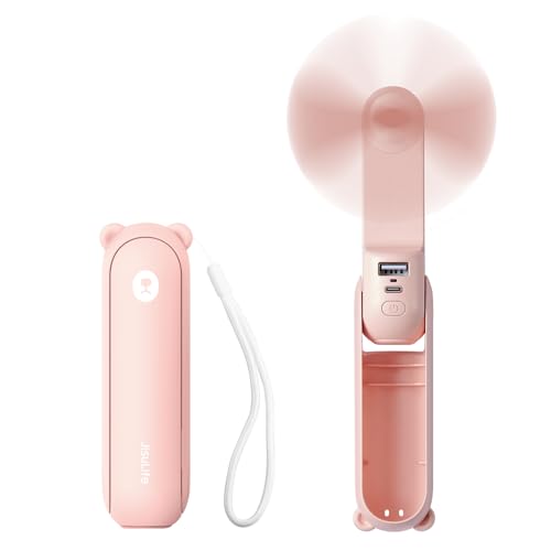 JISULIFE Handheld Mini Fan, 3 IN 1 Hand Fan, USB Rechargeable Small Pocket Fan [12-19 Working Hours] with Power Bank, Flashlight, Portable Fan for Travel/Summer/Concerts/Lash, Gifts for Women(Pink)