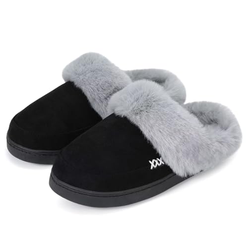 NineCiFun Women's and Men's Suede House Slippers Slip on Fuzzy Slippers with Faux Fur Lining Indoor Outdoor Home Shoes with Rubber Sole Black (Women's Size 13-14,Men's Size 10-11)