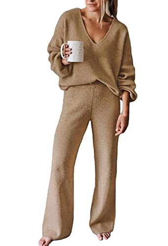 Viottiset Women's 2 Piece Outfits Casual V Neck Knit Wide Leg Sweater Lounge Set Sweatsuit Khaki X-Large