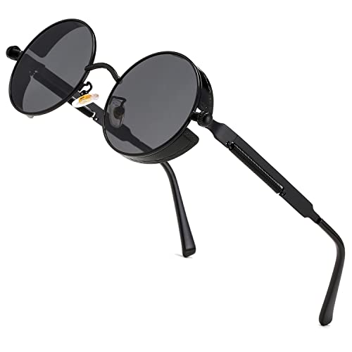 HJSTES Vintage Round Steampunk Sunglasses for Women Men Circle Gothic Glasses Retro Metal Frame(Black Lens/Black Frame)