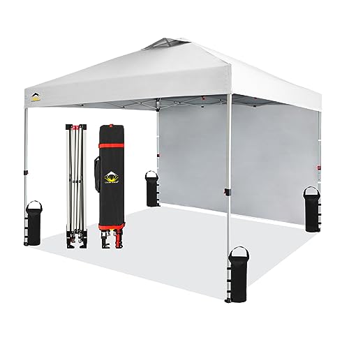 CROWN SHADES 10x10 Pop up Canopy Tent Instant Commercial with 150D Silver Coated Fabric Including 1 Removable Sidewall, 4 Ropes, 8 Stakes, Weight Bags, STO 'N Go Bag, Siver-Coated White