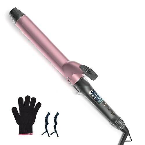 1 1/4 inch Curling Iron with Ceramic Coating, Long Barrel Curling Iron with LCD Display, Wand Curler with Protective Glove & 2 Clips
