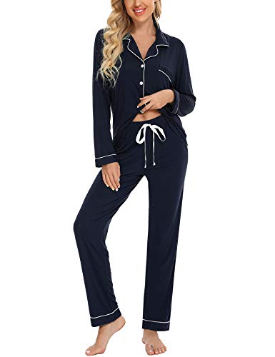 Anjue Pjs for Women Set Soft Sleepwear Comfort Nightwear Set Long Sleeve Loungewear(Navyblue,M)