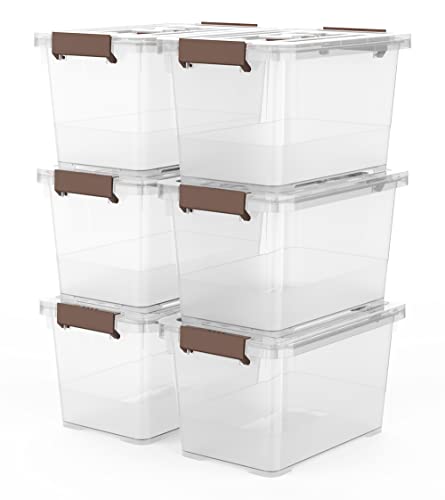 WYT 6-Pack Clear 7 Quart Storage Latch Box/Bins, Plastic Stackable Latching Box with Brown Handle and Lid, Multi-Purpose, 7 Litre