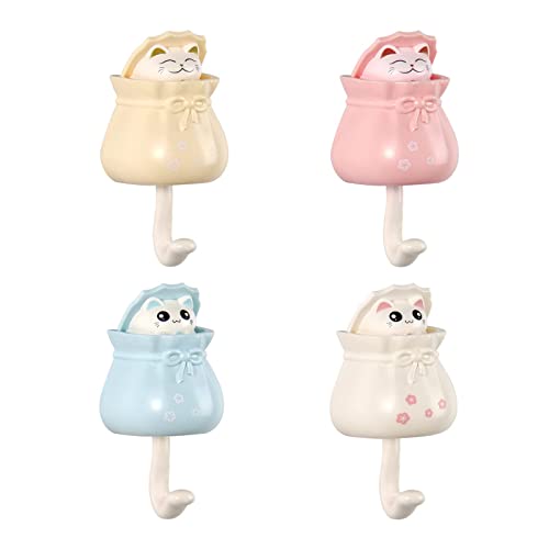 Dezhier Creative Cat Coat Hooks for Wall, 4 Pcs Cute Cat Key Hook for Room Decor, Cat Key Holder for Towel Backpack Hat Scarf