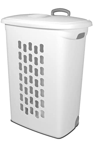 Sterilite Ultra Wheeled Laundry Hamper with Lid, Handle and Wheels for Easy Rolling of Clothes to and from The Laundry Room, Plastic, White, 1-Pack