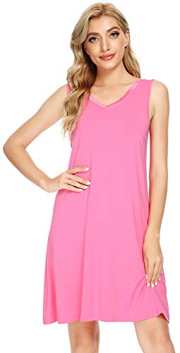 WiWi Viscose from Bamboo Nightgown for Women Cooling Sleeveless Tank Sleepwear Soft V Neck Shirts Pajamas S-4X, Raspberry Pink, Medium