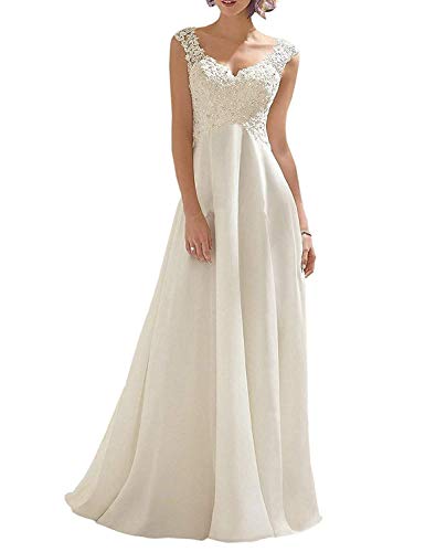 Abaowedding Women's Wedding Dress Lace Double V-Neck Sleeveless Evening Dress Ivory US 16 Plus