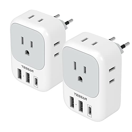 2 Pack European Travel Plug Adapter USB C, TESSAN US to Europe Plug Adapter with 4 Outlets 3 USB Charger (1 USB C Port), Type C Power Adaptor to Italy Spain France Portugal Iceland Germany, white gray