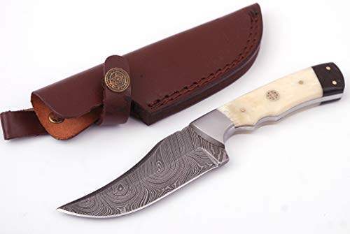Anna Home Collection AN-9013 Custom Made Damascus Steel Hunting Knife Pukka Wood Handle with Real Leather Sheath. (Bone)