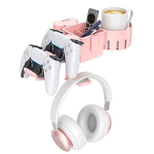 KDD 5 in 1 Desk Controller Holder - Rotating Headphone Hanger with Cup Holder - Clamp On Desk Organizer Holds Controller, Headphone, Cup, Mobile phone and Pen(Pink)