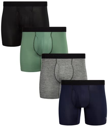 Reebok Men's Underwear - Performance Boxer Briefs with Fly Pouch (4 Pack), Size Medium, Black/Green/Heather Grey/Navy