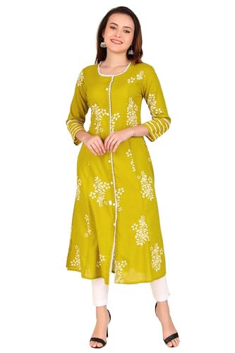 ladyline Cotton Lace Long Tunic Top Button Down Princess Front Slit Indian Kurti Kurta Dress (CK HTD795) (42/Lyril)