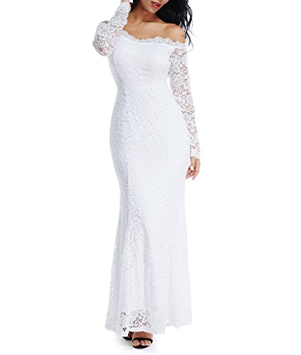 LALAGEN Women's Floral Lace Long Sleeve Off Shoulder Wedding Mermaid Dress White1 M