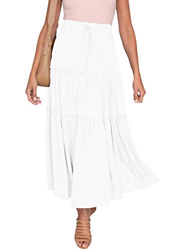 HAEOF Women's Boho Elastic High Waist A Line Ruffle Swing Beach Maxi Skirt with Pockets (White, Small)