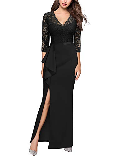 MISSMAY Women's Vintage Floral Lace Ruffle Half Sleeve Evening Party Formal Long Dress (Large, Black)