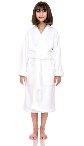 TowelSelections Girls Robe, Kids Plush Kimono Soft Fleece Bathrobe Size 14 White