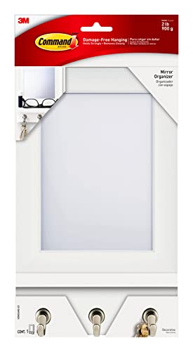 Command Mirror Organizer with 3 Key Hooks and Small Ledge, Holds up to 2 lb, Quartz, Removable Wall Mirror for Entryway or Hallway, Perfect for On-the-go Items