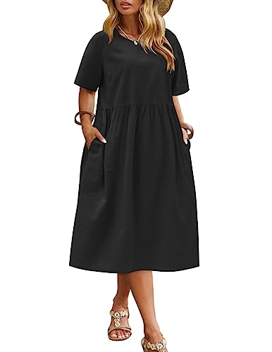 IN'VOLAND Women's Plus Size Cotton Linen Dresses Shirt Dress Casual Loose Midi Dresses Black