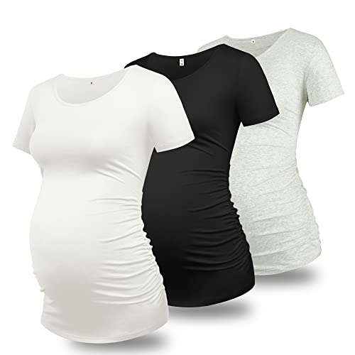 GLAMIX Maternity Shirts for Women Short Sleeve Tops Summer Clothes 3 Packs Cotton T Shirt Mama Basics Pregnancy Tees