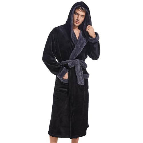 Inner Wish Mens Hooded Robe, Plush Long Bath robes Cozy Warm Bathrobe Fuzzy male Spa Robe With Pockets，BLACK+DARK GREY，L/XL
