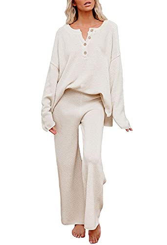 Pink Queen Women's 2 Piece Knit Sweatsuit Button Knit Pullover Sweater Top and Long Pants Sweatsuit Pajama Set Beige L