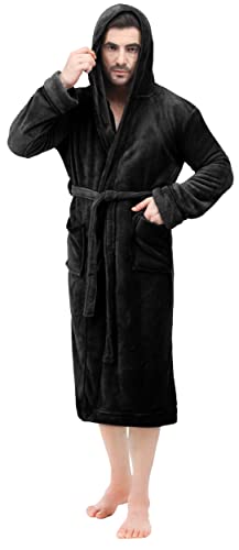 NY Threads Mens Hooded Fleece Bathrobe Plush Long Spa Robe, Small-Medium, Black