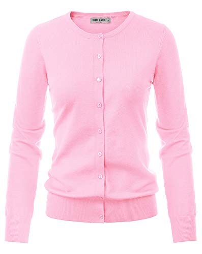 Womens Button Down Fitted Long Sleeve Fine Knit Top Cardigan Sweater (L,Pink)